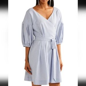 ADEAM BLUE & WHITE ROMPER SEERSUCKER FAUX-WRAP V NECKLINE 3/4 SLEEVE WOM…